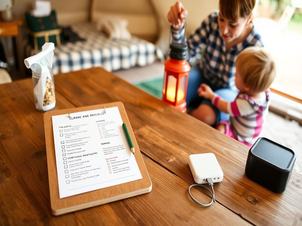 가족 글램핑 중 화로와 야외 공간 안전을 확인하는 모습